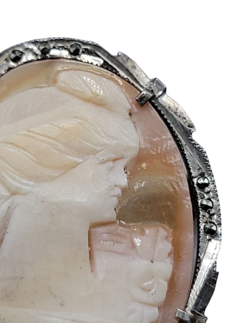 Antique 800 Silver Shell Cameo Brooch Italian Marcasite Studded Thin Delicate - Picture 10 of 12
